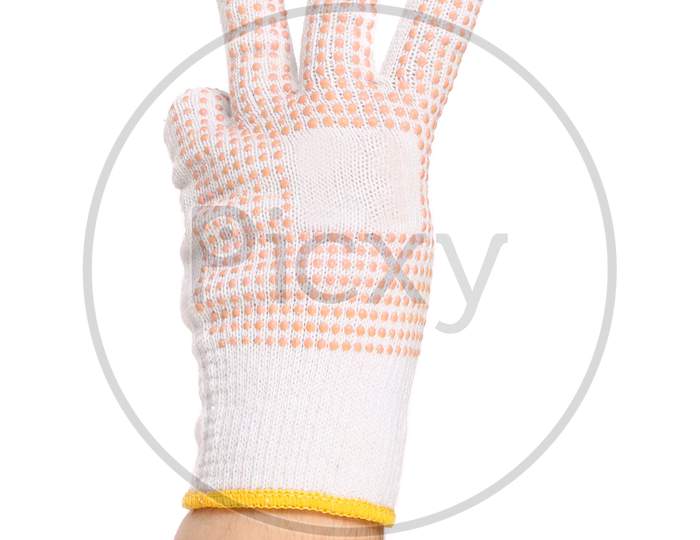 Hand In Glove Counts Three. Isolated On A White Background.