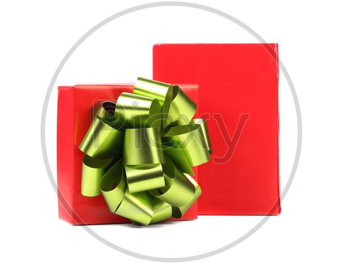 Opened Red Gift Box With Green-Golden Bow. Isolated On A White Background.