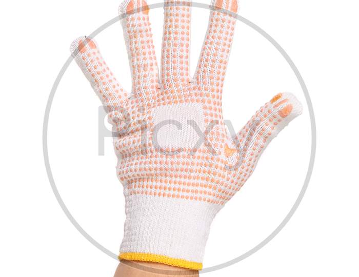 Hand In Glove Counts Five. Isolated On A White Background.