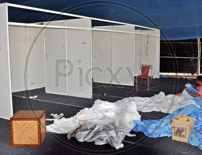 Workers Work On A Construction Of A Quarantine Center  At The Sarusajai Sports Complex During A Government-Imposed Nationwide Lockdown As A Preventive Measure Against The Covid-19 Coronavirus In Guwahati,India