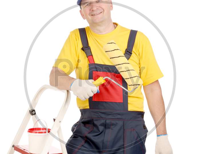 Worker On Ladder With Roller And Bucket. Isolated On A White Background.