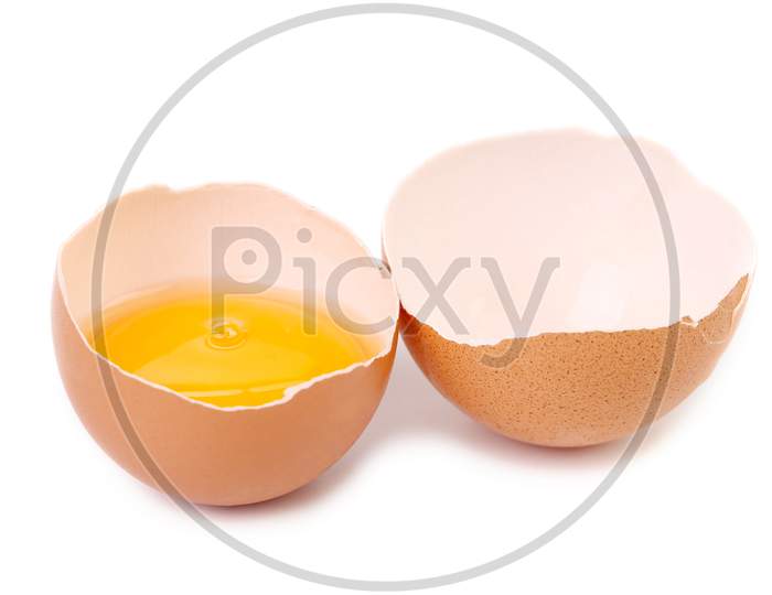 Close Up Of Broken Egg. Isolated On A White Background.