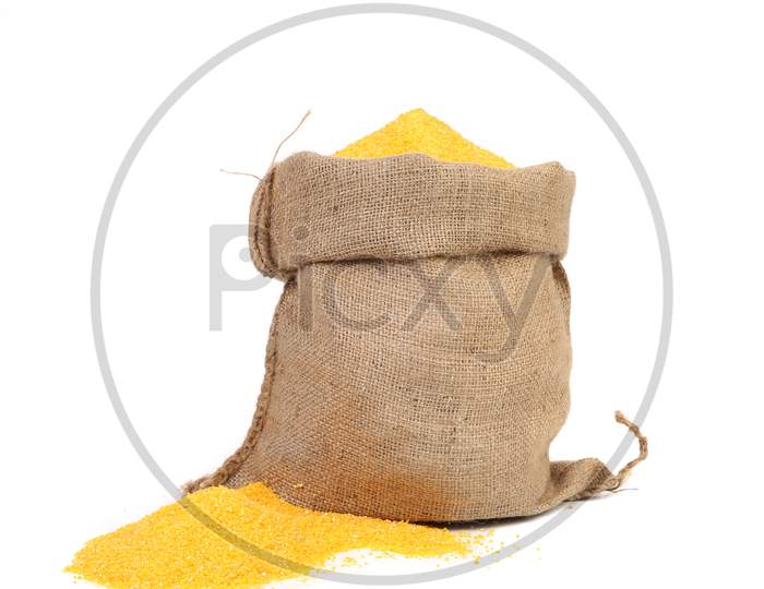 Closeup Of Sack With Corn Flour. Isolated On A White Background.