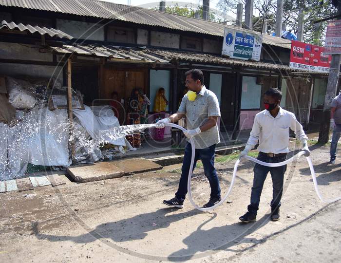 Nagaon  Nagaon Mla Rupak Sarmah Sprays Disinfectant On A Street To Contain The Spread Of Coronavirus During The Nationwide Lockdown In Nagaon District Of Assam On April 03,2020.