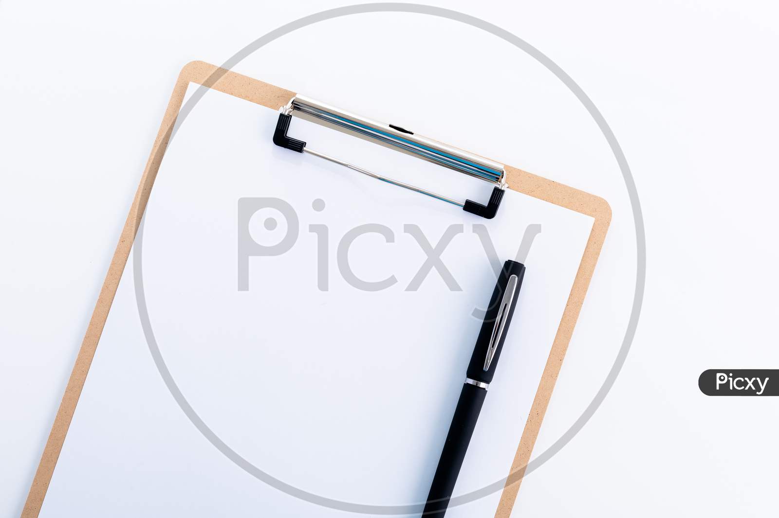 Blank Paper On Wooden Clipboard With Pen On Space On Background, Copy Space