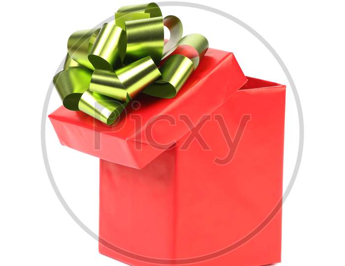 Open Red Gift Box With Green-Golden Bow. White Background.