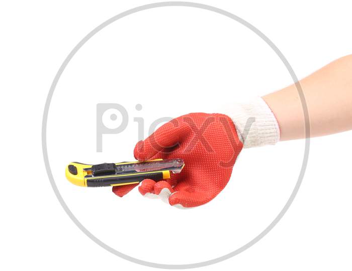 Hand In Glove Holding Knife. Isolated On A White Background.