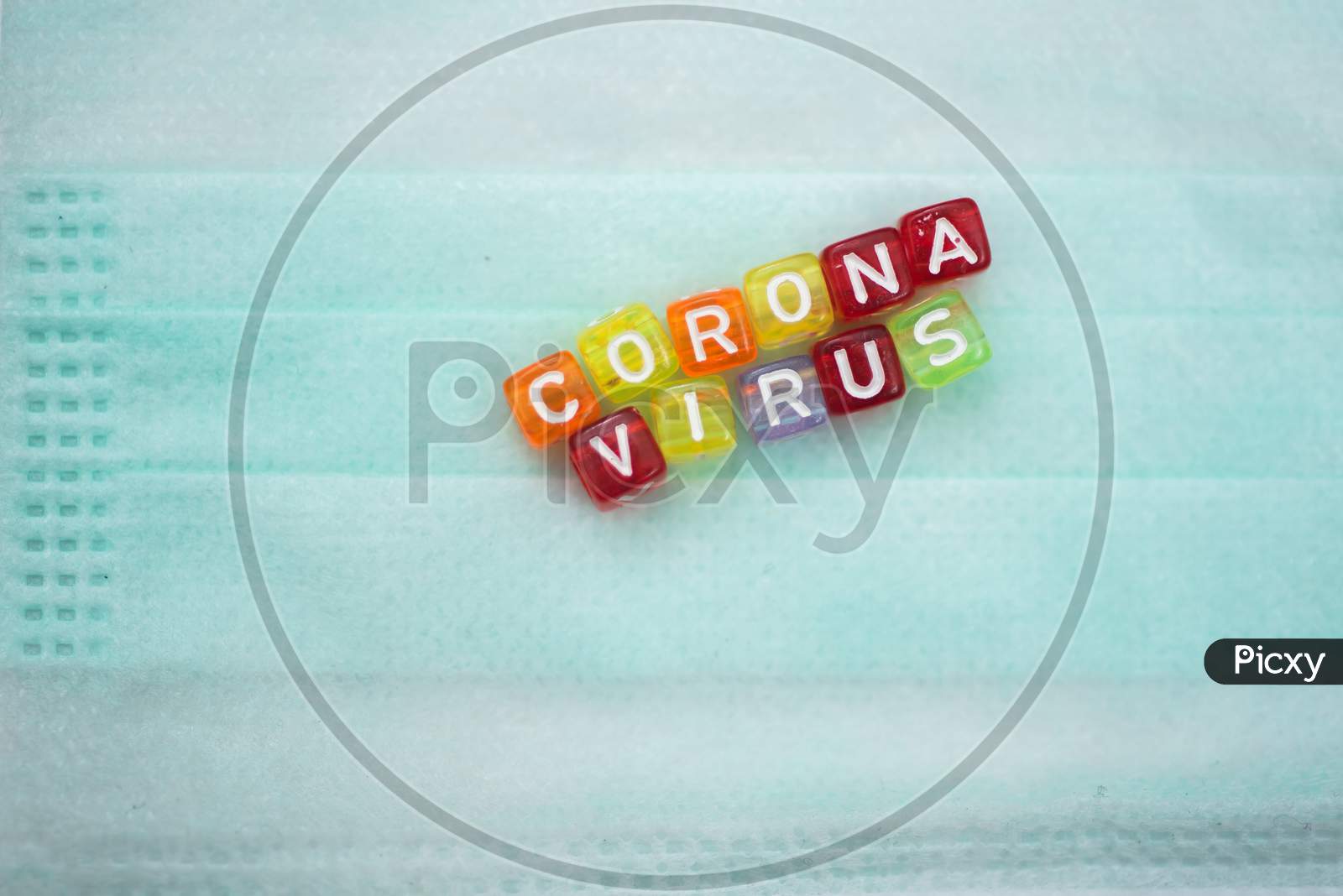 Colorful Word Corona Virus English Alphabet Cube On Face Mask, Selective Focus