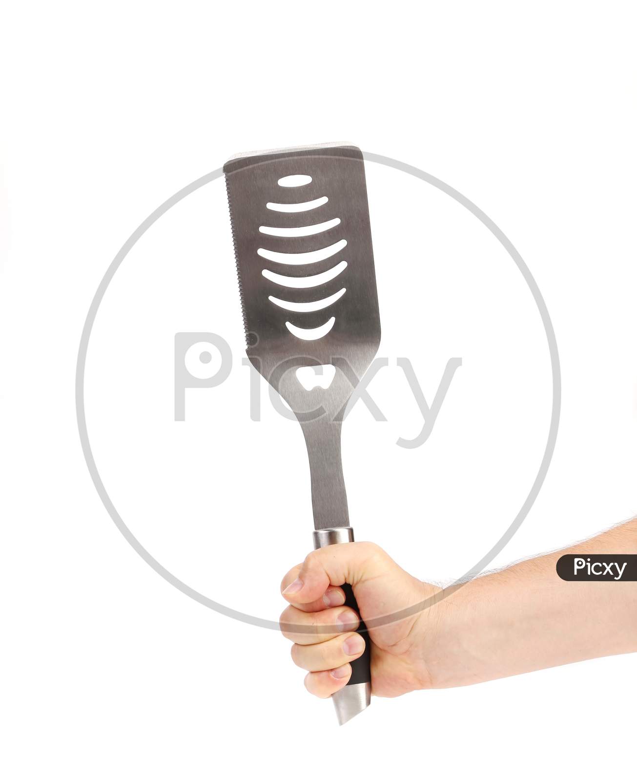 Hand Hold Of Bbq Cutlery. Isolated On A White Background.