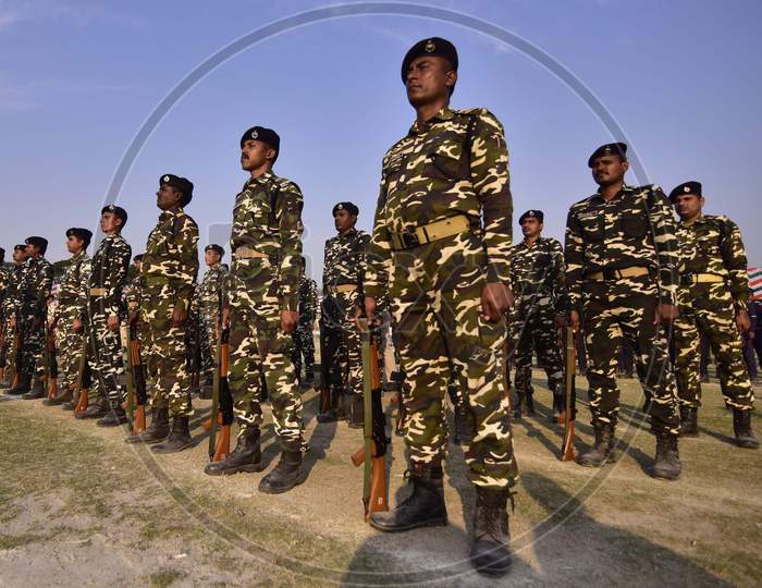 Paramilitary force personnel take part in a full dress rehearsal ahead of events to mark India's Republic Day in Guwahati