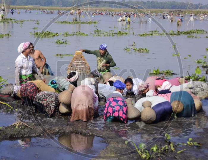 Villagers participate in a community fishing event as part of celebrations for the Bhogali Bihu, or the harvest festival of Assam, in Nagaon district, in the northeastern state of Assam