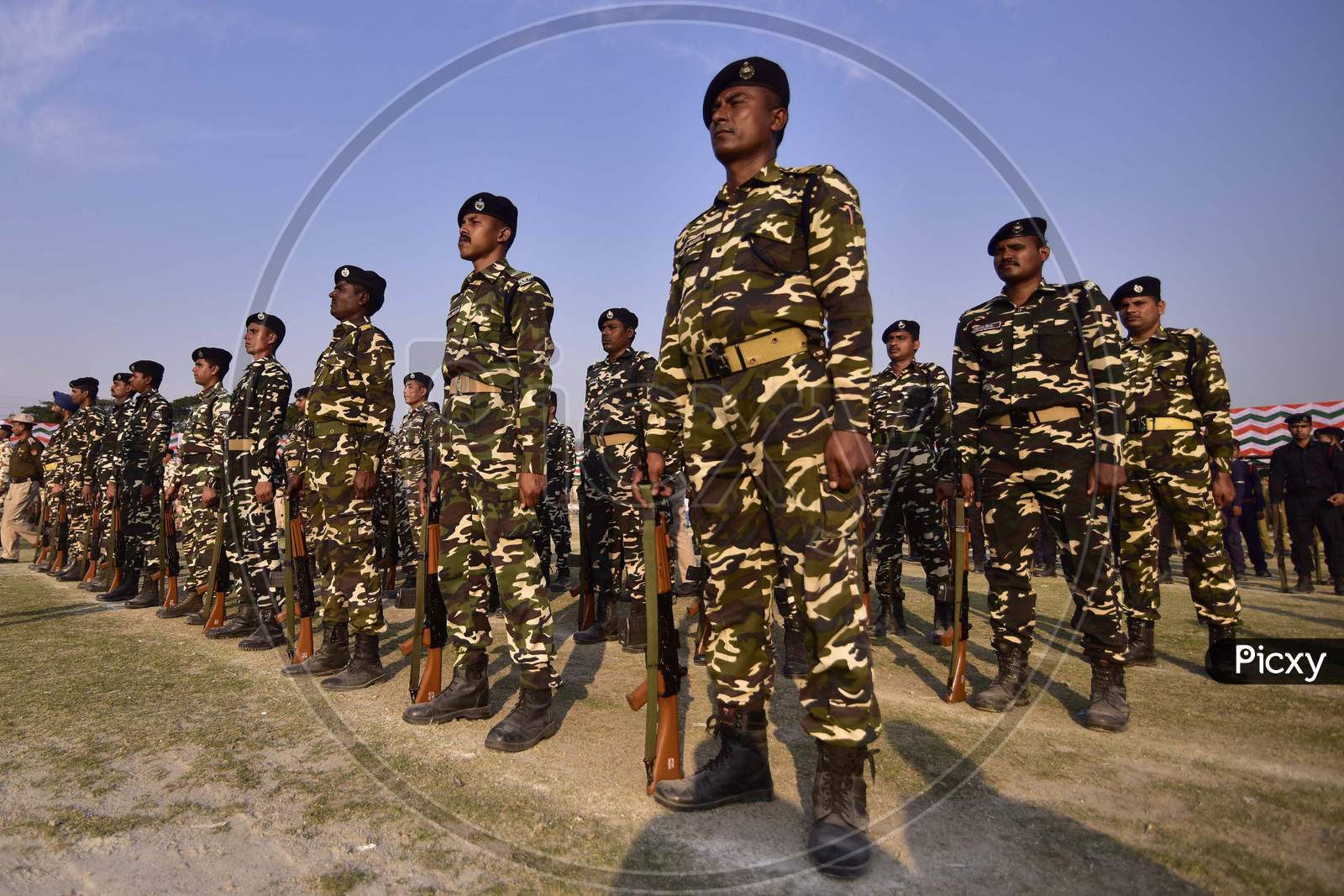 Paramilitary force personnel take part in a full dress rehearsal ahead of events to mark India's Republic Day in Guwahati