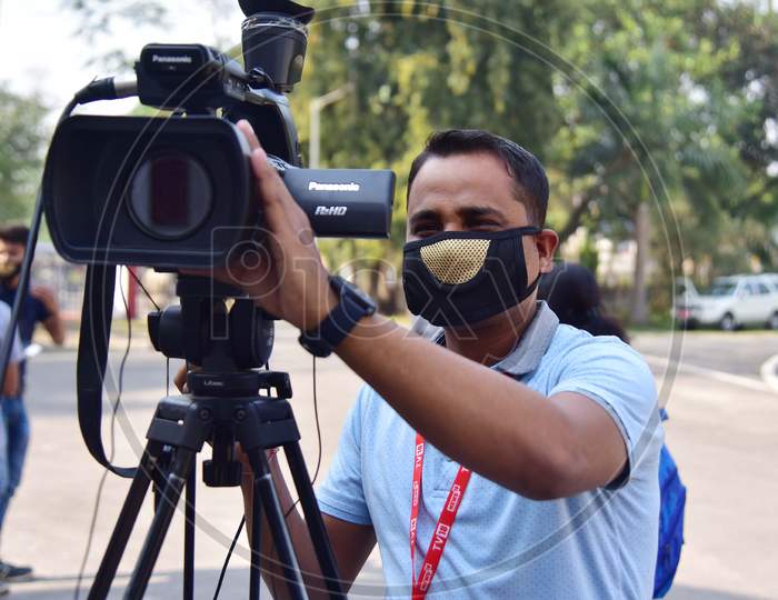 A Media Person Wearing Mask  As He Maintaining Social Distance During A  Assam Chiefminister Sarbananda Sonowal'S Pressmeet On  The Nationwide Lockdown Amid Coronavirus Outbreak Nagaon District Of Assam On April 06,2020.