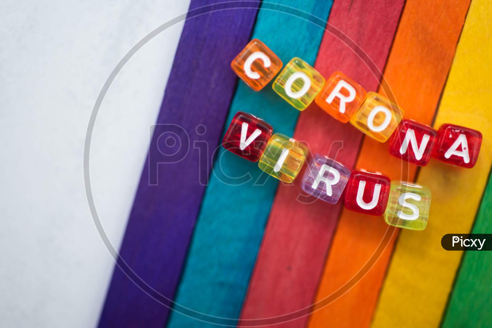 Colorful Word Corona Virus English Alphabet Cube On Colourfull Background, Selective Focus