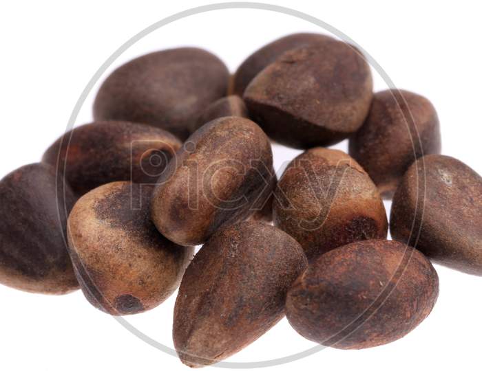 Bunch Of Piner Nuts. Isolated On A White Background.