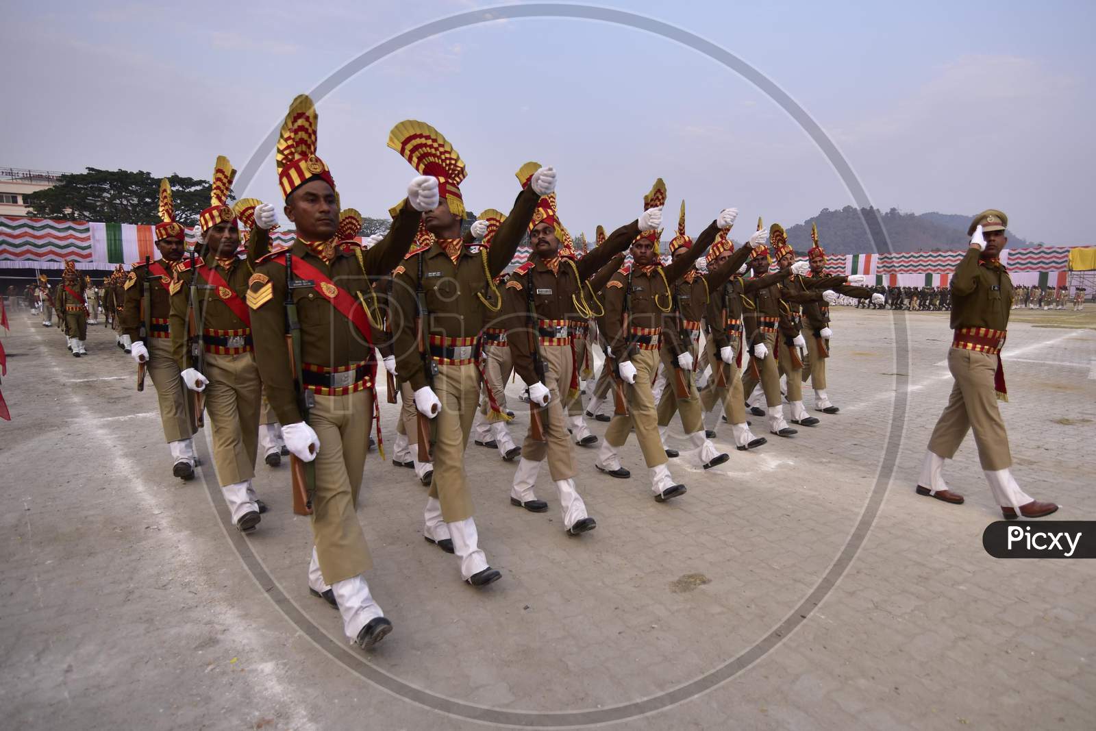 Paramilitary force personnel take part in a full dress rehearsal ahead of events to mark India's Republic Day in Guwahati