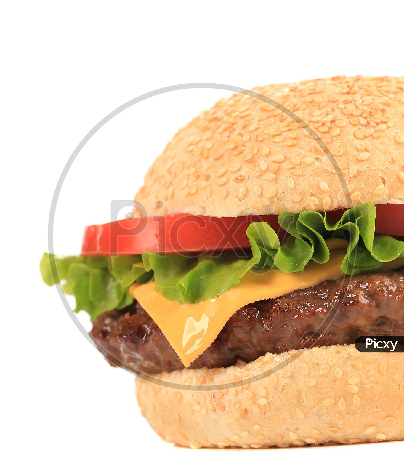 Close Up Of Big Tasty Hamburger. Whole Background.