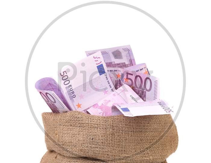 Bag With Many Euro Banknotes. Isolated On A White Background.