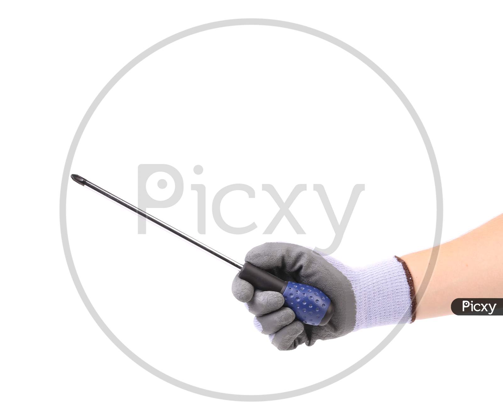 Hand In Glove Holding Screwdriver. Isolated On A White Background.
