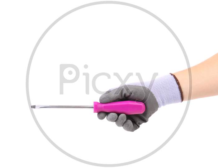 Hand In Gloves Holding Screwdriver. Isolated On A White Background.