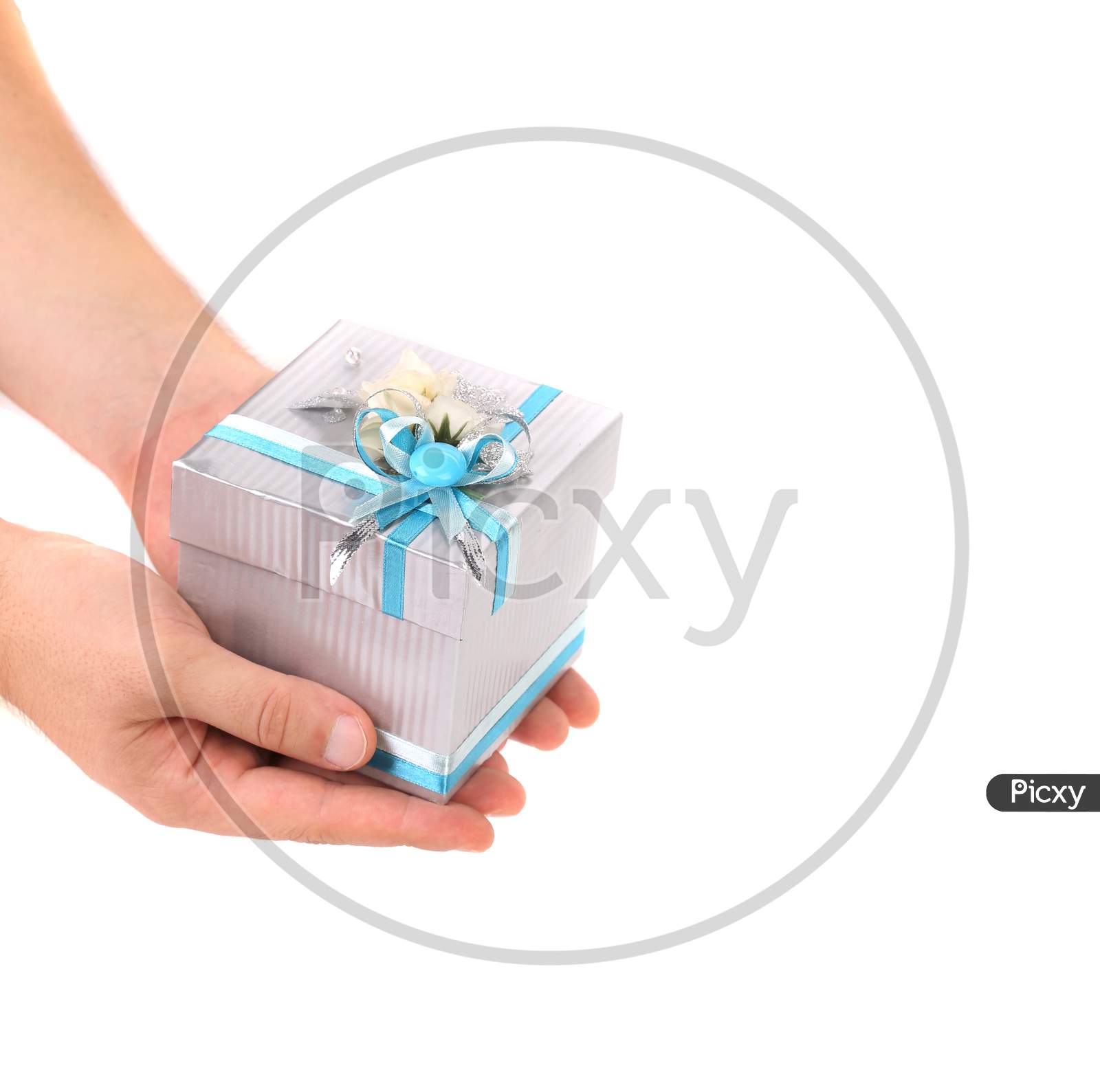 Stylish Gift Box With Blue Ribbon In Hand. Isolated On A White Background.