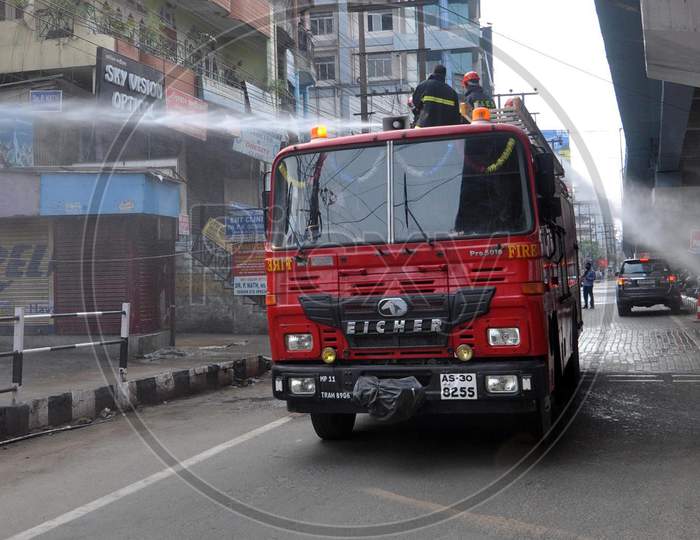 Assam State Fire And Emergency Services Workers Spray Disinfectants Amid Concerns Over The Spread Of The Covid-19 Disease, Caused By The Novel Coronavirus, During Total Lockdown In Guwahati, India