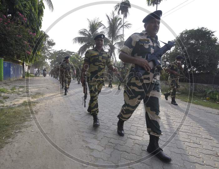Indian  Security Personnel Patrol On A Road Ahead Of The Publication Of The Final Draft Of The National Register Of Citizens (Nrc) At  Rupohi Village In Nagaon District, Northeastern State Of Assam, India August 30, 2019.