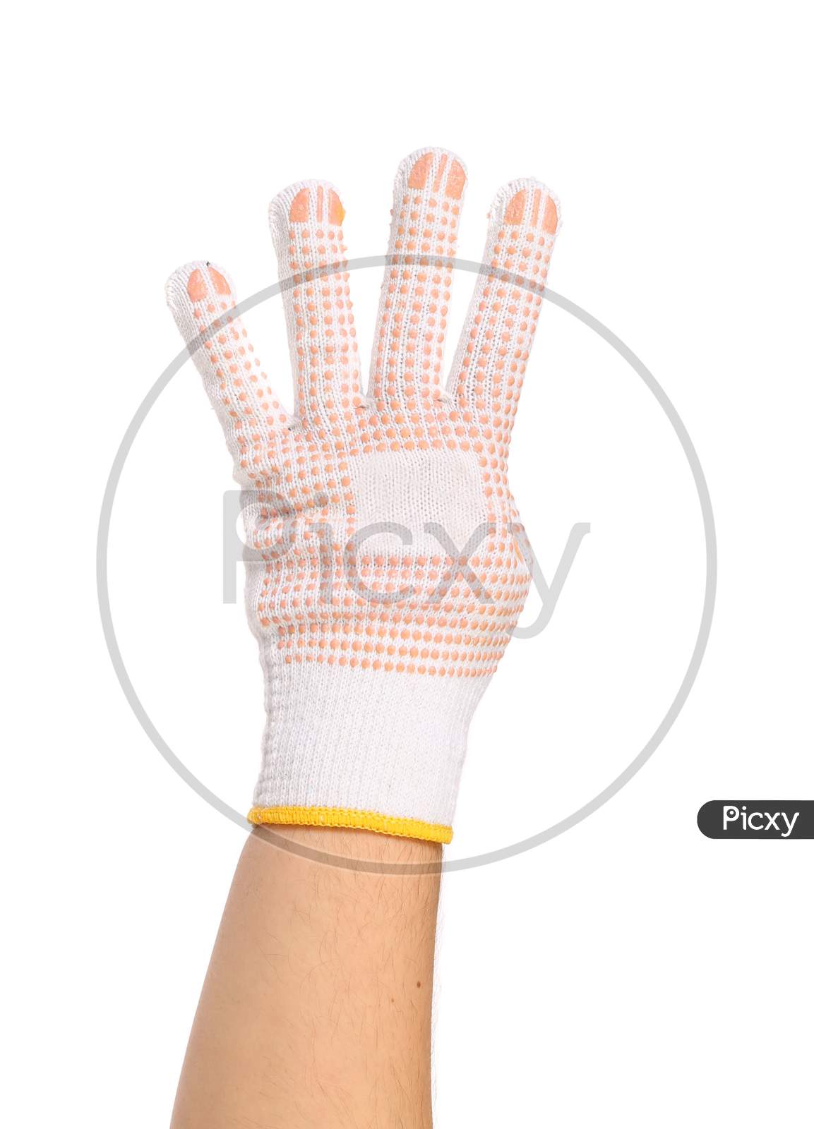 Hand In Glove Counts Four. Isolated On A White Background.