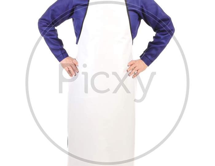 Worker Wearing White Apron. Isolated On A White Background.
