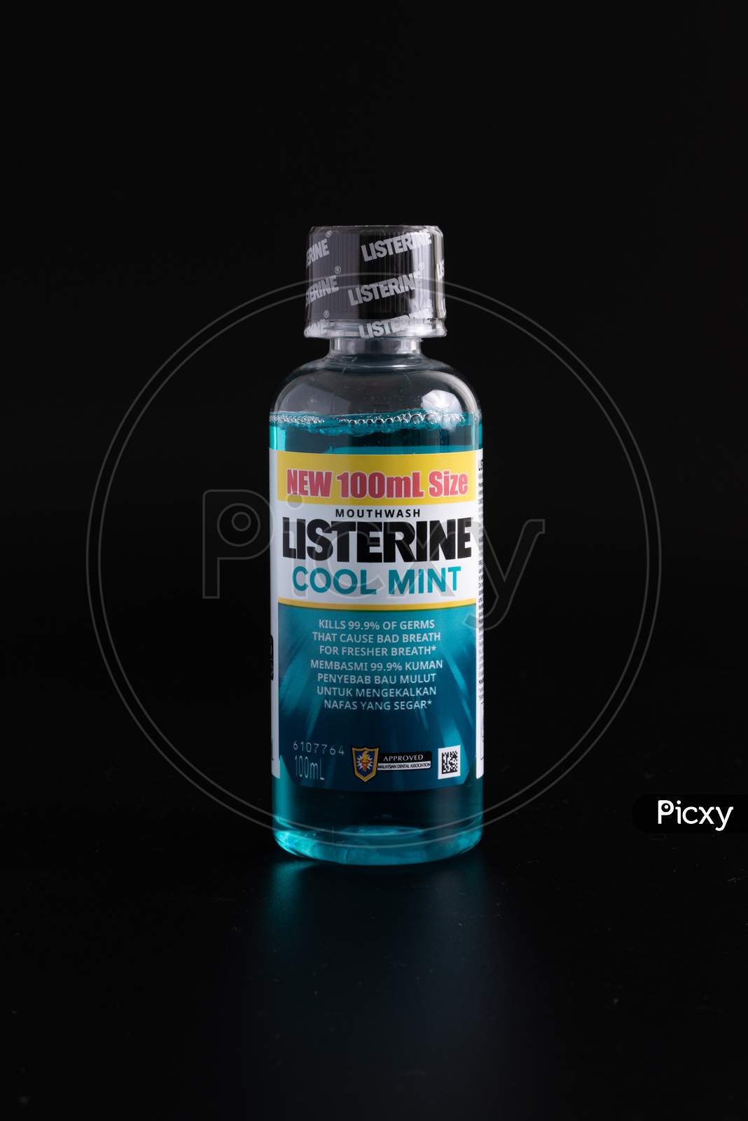 Kuala Lumpur, Malaysia - March 15 2020: Bottle Of Listerine Cool Mint Mouthwash Isolated On Black Background