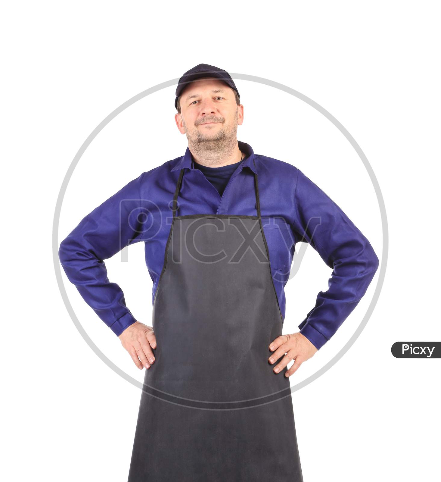 Worker Wearing Black Apron. Isolated On A White Background.