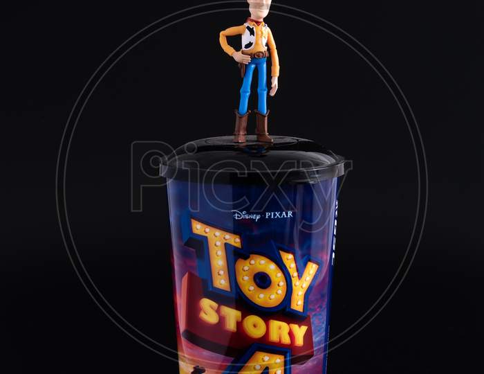Kuala Lumpur/Malaysia - May 19 2019:  Toy Story 4 Cup/Tumbler From The Cinema Promotion On The Black Background
