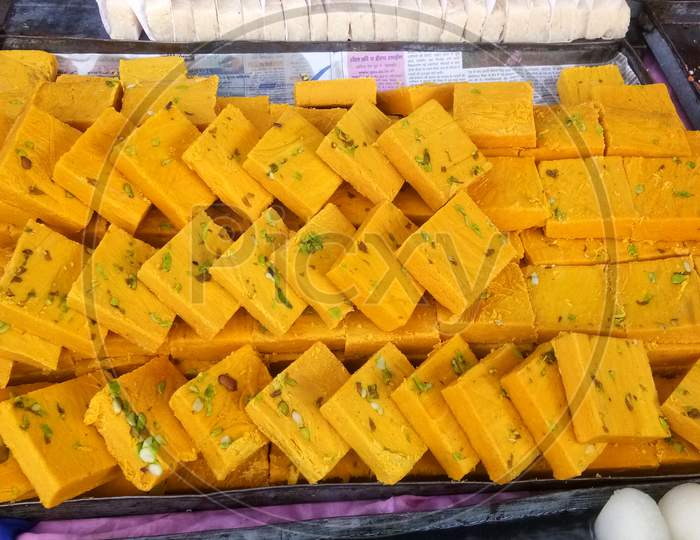 Burfi Indian Sweets Sold On Street Stalls