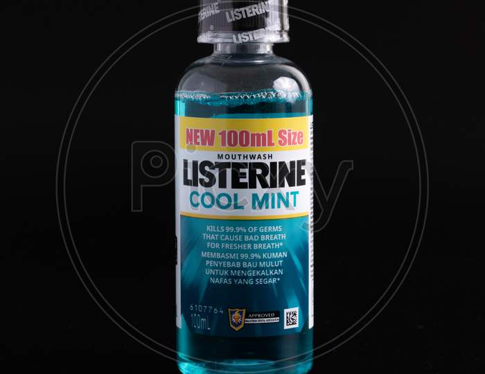 Kuala Lumpur, Malaysia - March 15 2020: Bottle Of Listerine Cool Mint Mouthwash Isolated On Black Background