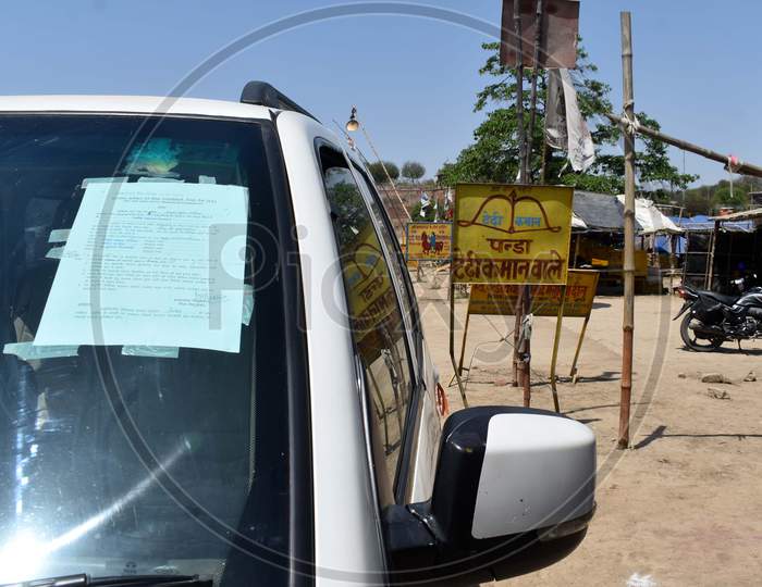 A Car With a Permission letter Tagged To glass Of a Car During COVID-19 0r Corona Virus Lockdown In India , Prayagraj