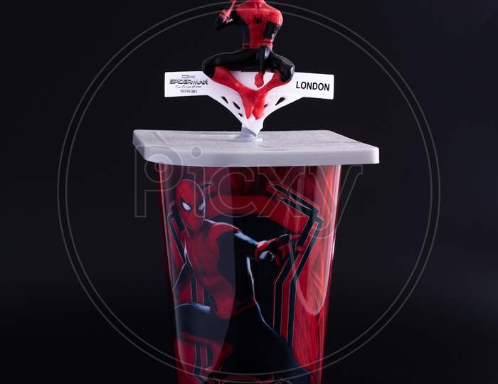 Kuala Lumpur/Malaysia - May 19 2019: Toy Spiderman Cup/Tumbler From The Cinema Promotion On The Black Background