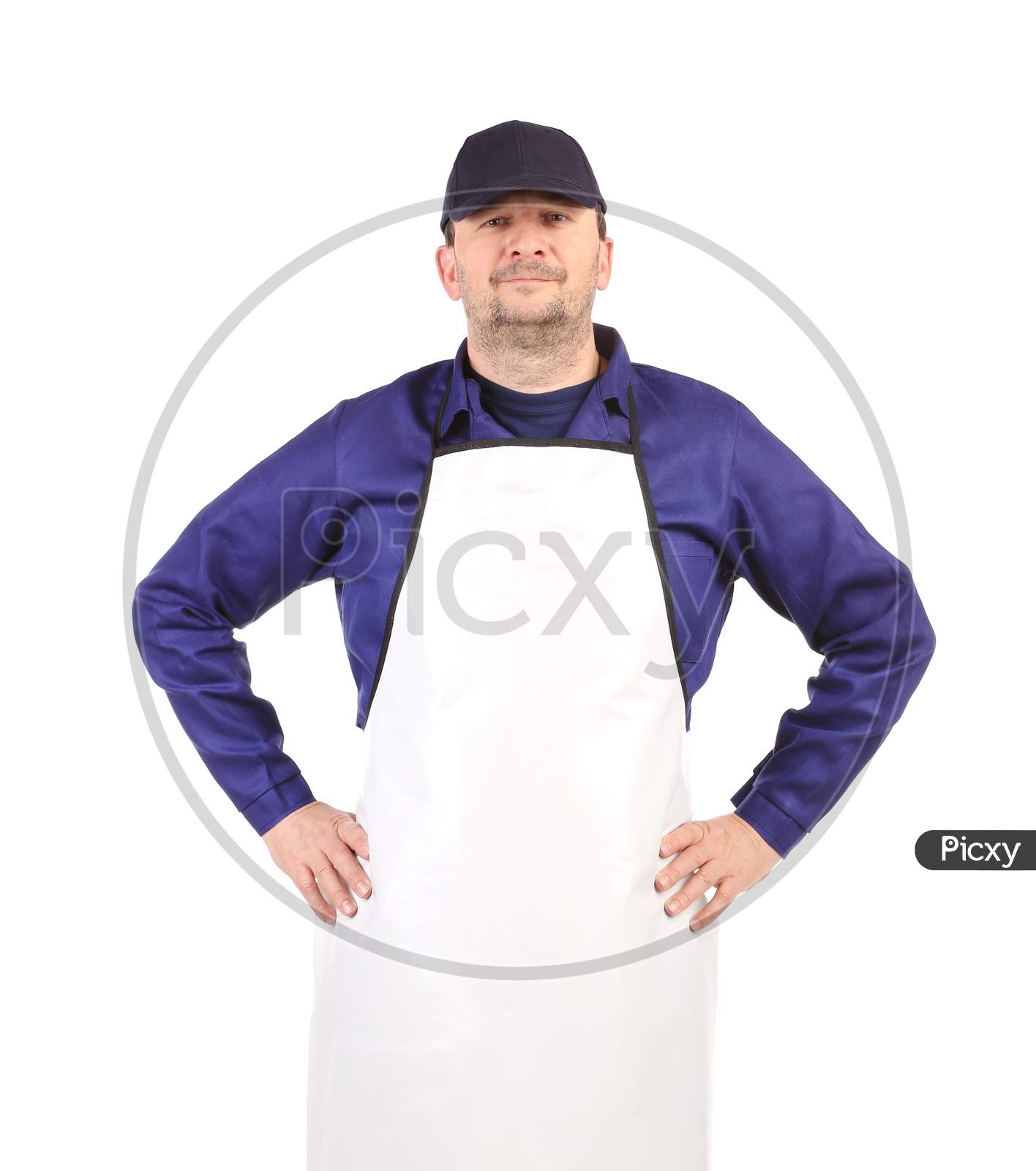 Worker Wearing White Apron. Isolated On A White Background.