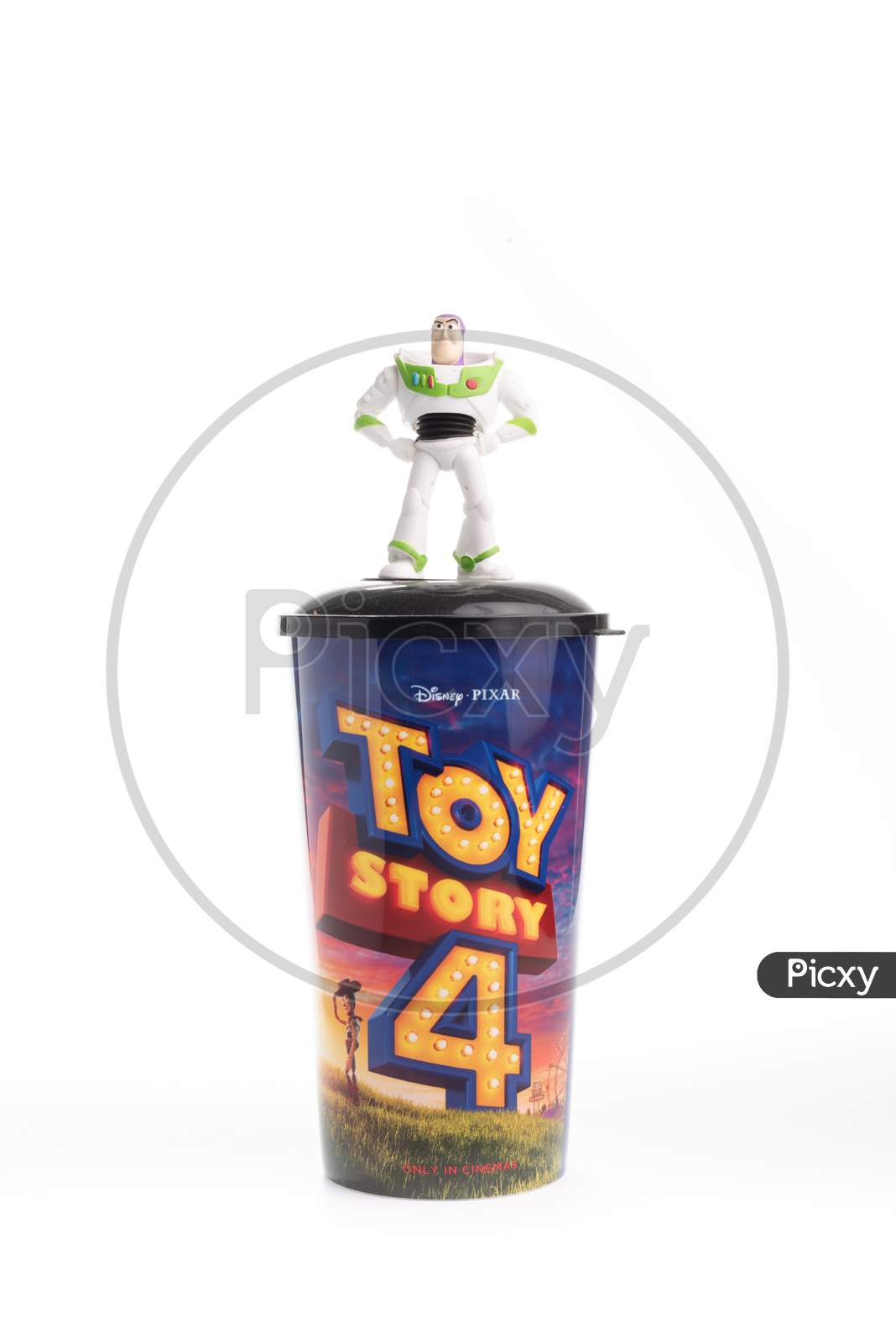 Kuala Lumpur/Malaysia - May 19 2019: Toy Story 4 Cup From The Cinema Promotion On The White Background