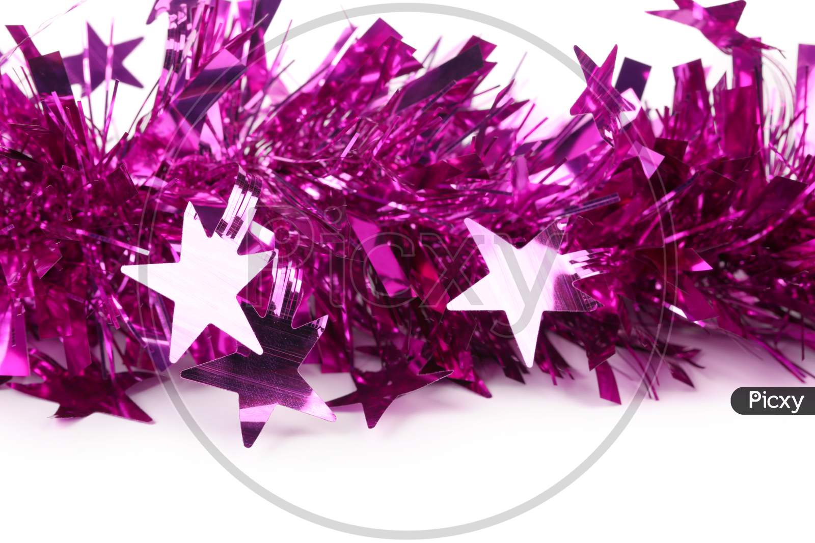 Christmas Purple Tinsel With Stars. Whole Background.