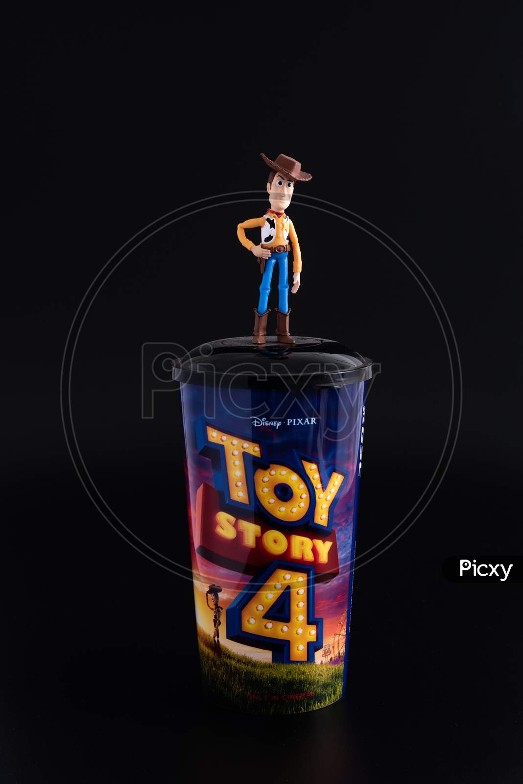 Kuala Lumpur/Malaysia - May 19 2019:  Toy Story 4 Cup/Tumbler From The Cinema Promotion On The Black Background