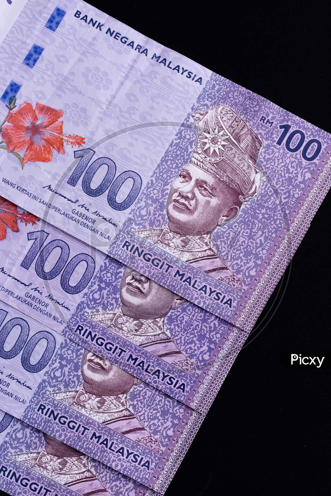 Malaysia Currency Of Malaysian Ringgit Banknotes Background. Paper Money Of Hundred Ringgit Notes On Etreme Closeup. Financial Concept.