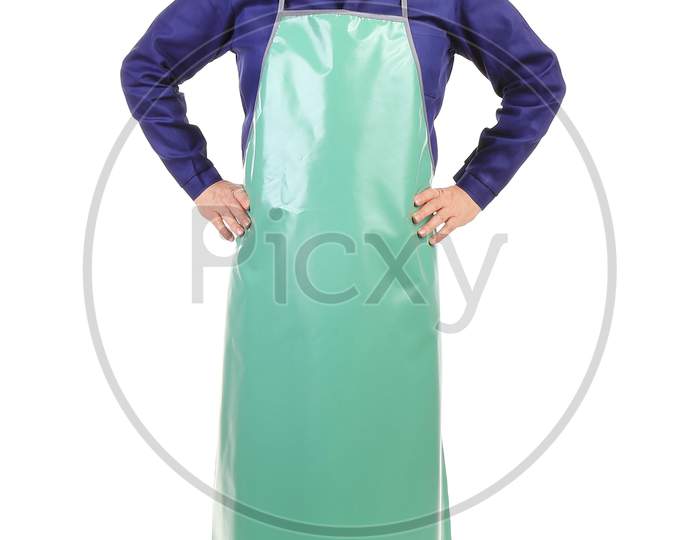 Worker Wearing Blue Apron. Isolated On A White Background.