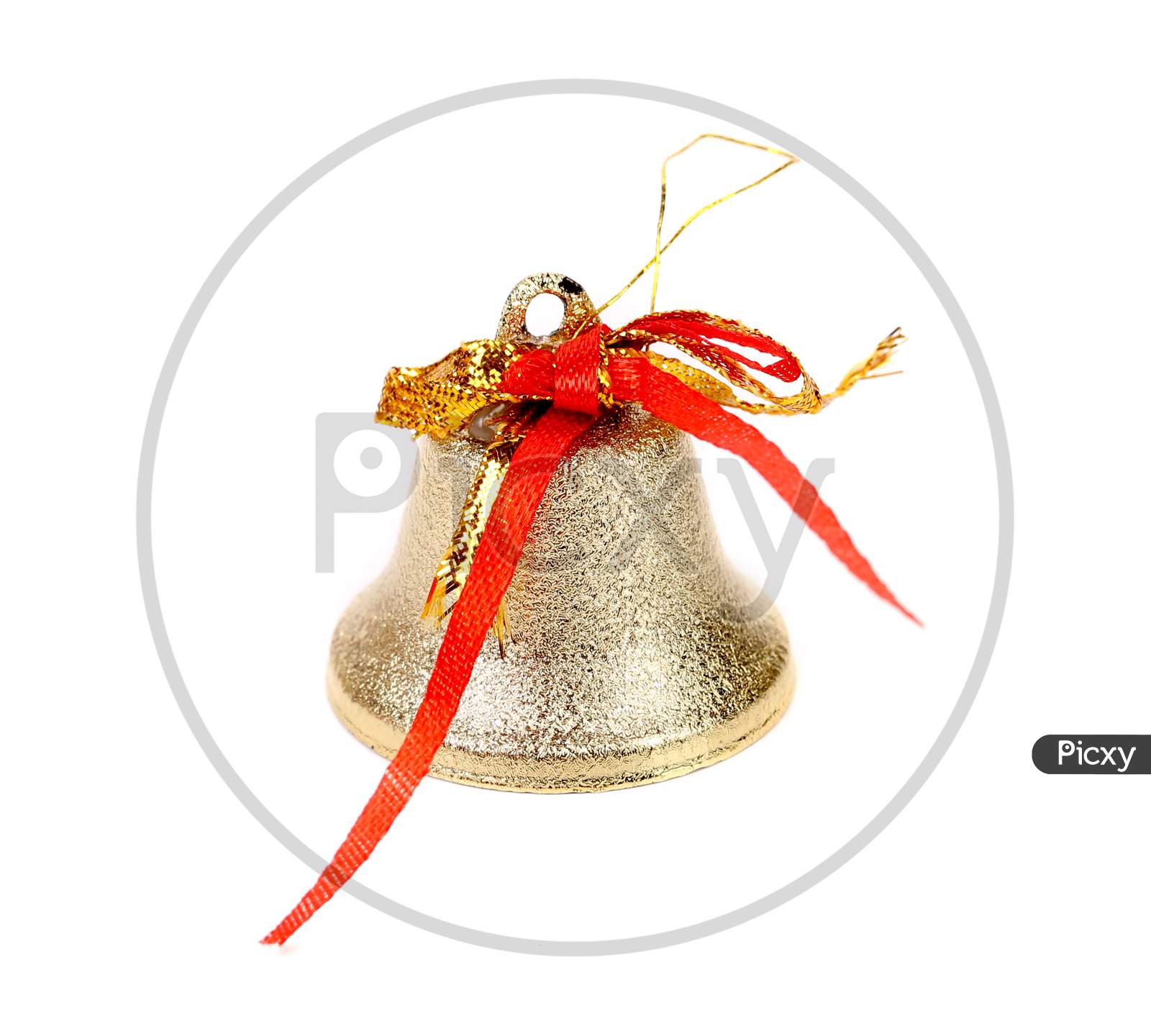 Close Up Of Silver Jingle Bell. Isolated On A White Background.