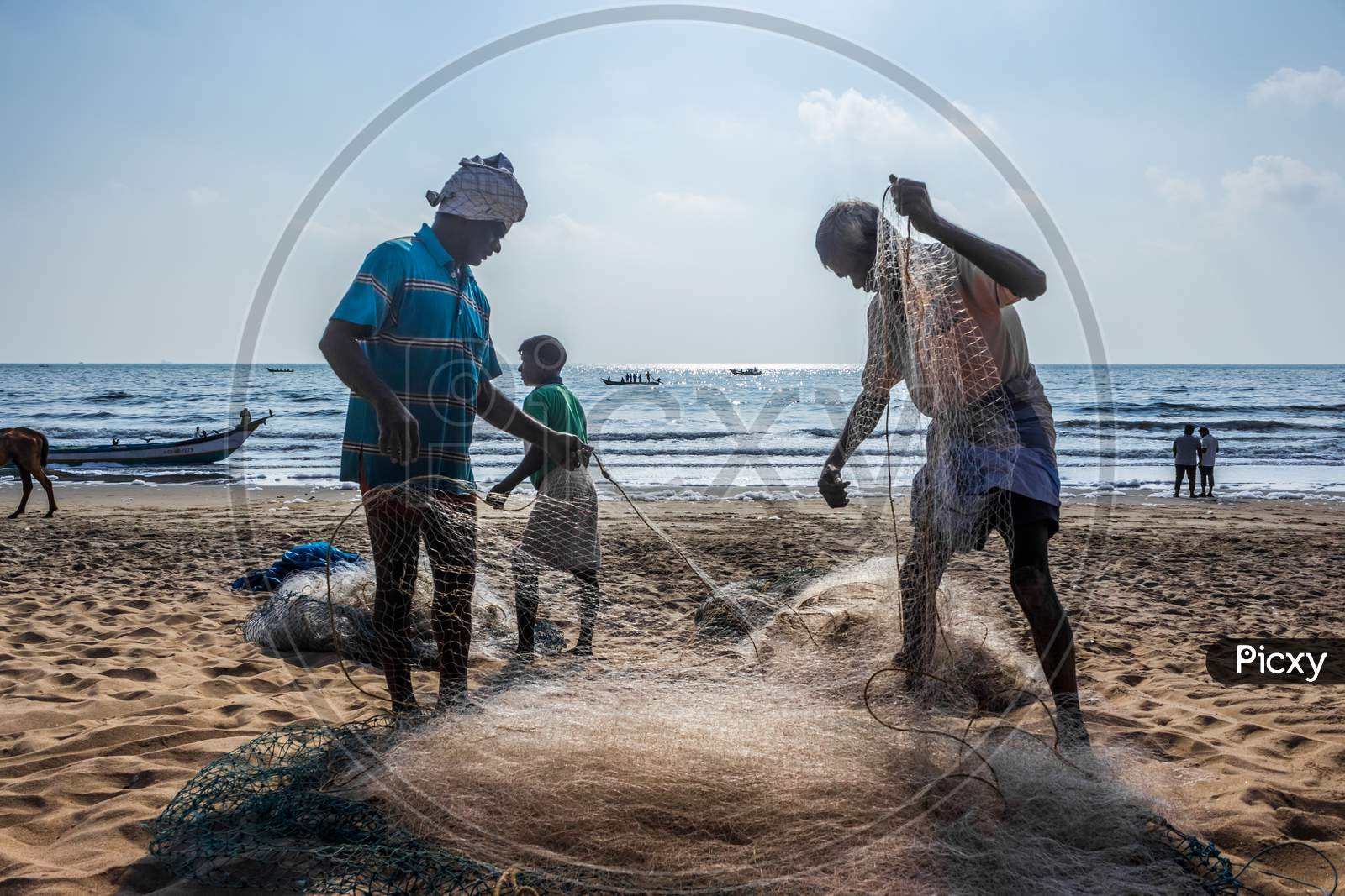 Fisherman Taking The Fish From Nylon Fishing Net. Indian Fisherman Working On Their Net On Beach Sand