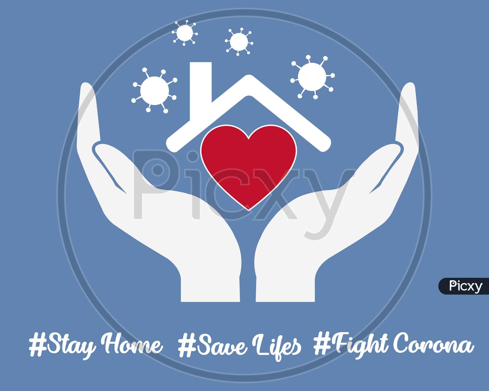Stay at home slogan with saving hand and house with a heart inside. Protection or measure from coronavirus. Stay home hashtag. Coronavirus, COVID 19 protection logo.