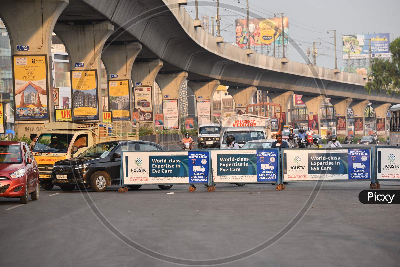 Vehicles Queued Up At Police Check Points  For Police Checkups in Hyderabad City Main Roads During Lockdown Period For Corona Virus Or COVID -19  Outbreak