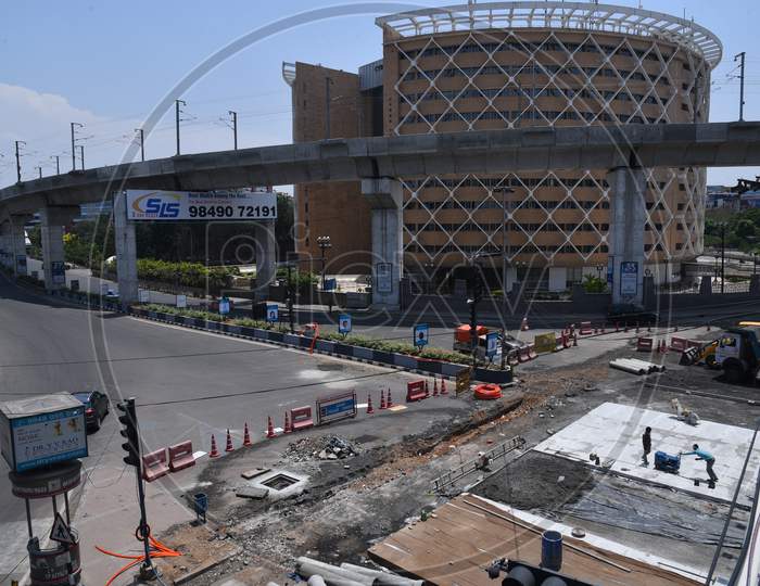 Cyber Towers junction road being revamped by laying cement roads instead of Tar, making use of the lockdown period amid coronavirus pandemic, April 9,2020