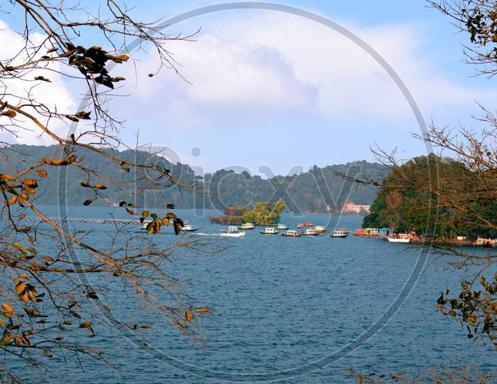 Image Of Maithon Dam With Beautiful Clouds And Blue Water With Boats