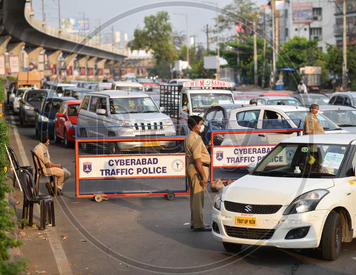 Traffic jams at a makeshift check post arranged by KPHB Traffic police to reduce the violations during nationwide lockdown amid coronavirus pandemic, April 8,2020, Hyderabad.