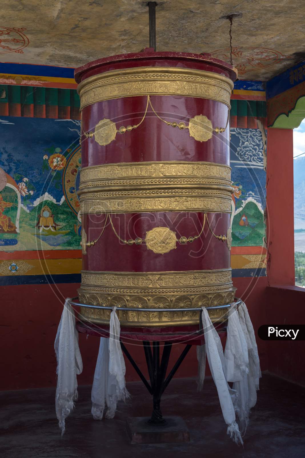 A big Tibetan prayer bell at the thiksey monastery, Leh, Ladakh, India